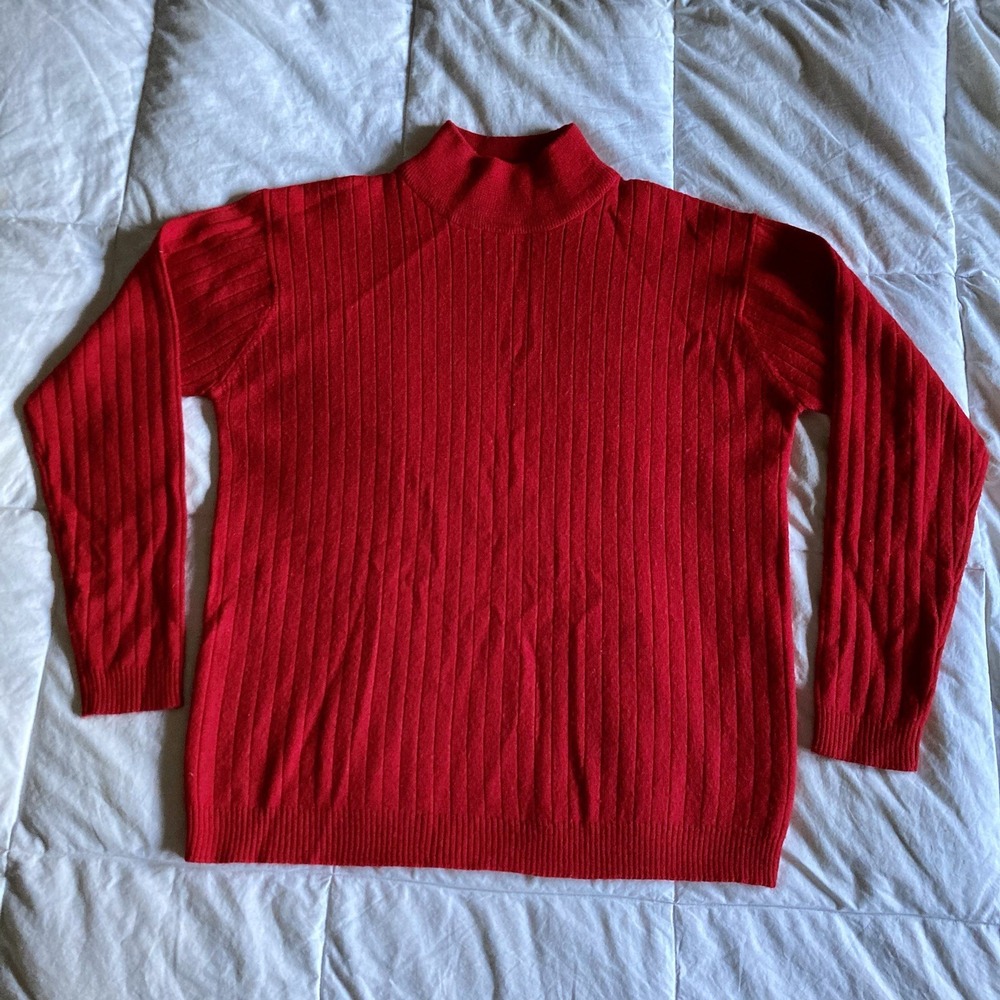 Vtg Karen Scott Merino Blend Mock Neck Sweater Womens Large Red LS Ribbed